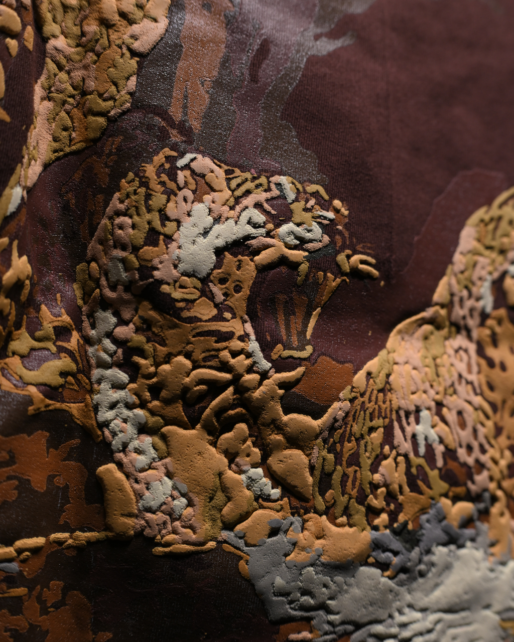 Close-up of a Leopard with layered organic shapes in brown, tan, beige, gray, and muted purple tones.