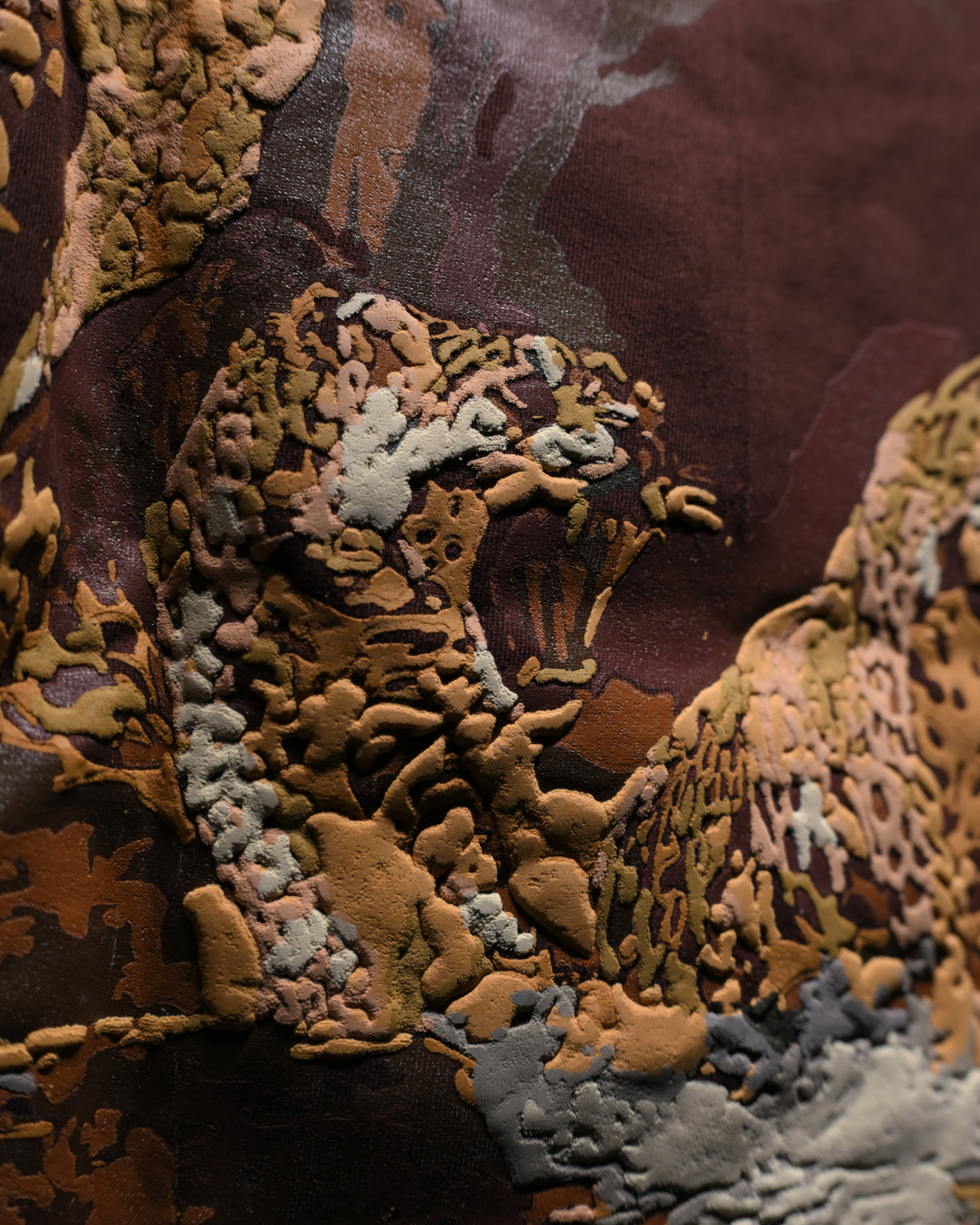 Close-up of a Leopard with layered organic shapes in brown, tan, beige, gray, and muted purple tones.